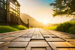 a wooden walkway in the sun. AI-Generated photo
