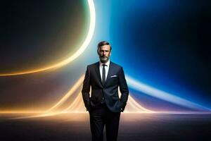 a man in a suit and tie standing in front of a glowing light. AI-Generated photo