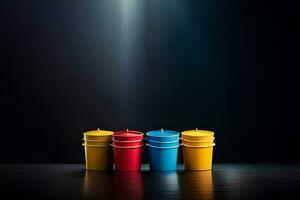 four colorful cups on a dark table. AI-Generated photo