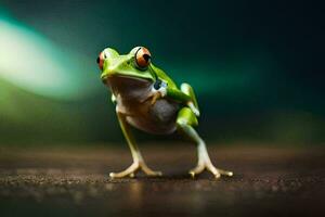 a frog is standing on its hind legs. AI-Generated photo