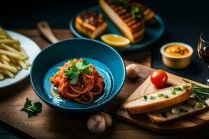 spaghetti and bread on a wooden table. AI-Generated photo