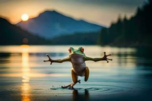 a frog jumping into the water at sunset. AI-Generated photo