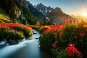 the sun rises over the mountains and the stream flows through the flowers. AI-Generated photo