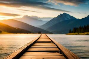 a wooden bridge over a lake at sunset. AI-Generated photo