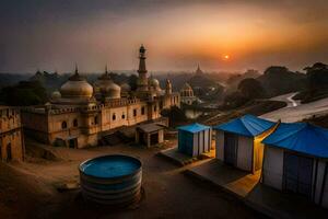 the sun sets over a mosque and a water tank. AI-Generated photo