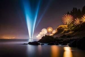 fuegos artificiales son iluminado arriba en el cielo terminado el agua. generado por ai foto