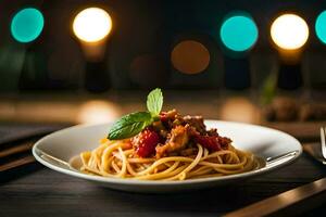 espaguetis con carne y tomate en un lámina. generado por ai foto