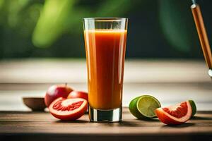 a glass of orange juice with a lime and tomato. AI-Generated photo