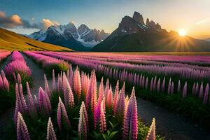 a field of purple flowers and mountains at sunset. AI-Generated photo