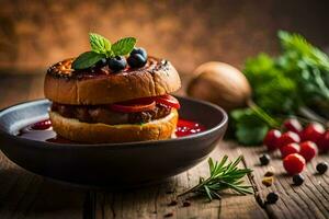 a hamburger with berries and herbs on a plate. AI-Generated photo