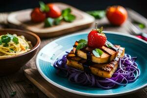 a plate of food with tofu, pasta and strawberries. AI-Generated photo