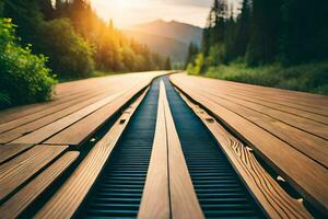 un ferrocarril pista en el medio de un bosque. generado por ai foto