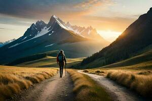 un persona caminando abajo un suciedad la carretera en frente de montañas. generado por ai foto