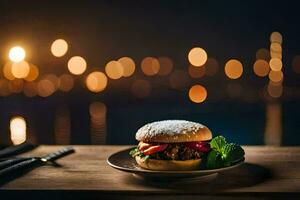 a hamburger on a plate with a view of the city. AI-Generated photo