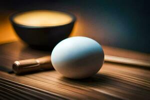 un huevo y palillos en un de madera mesa. generado por ai foto