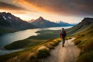 a man walks on a trail in the mountains. AI-Generated photo