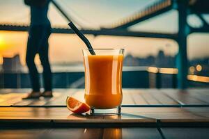 orange juice on a wooden table with a woman in the background. AI-Generated photo