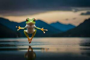 a frog jumping into the air in front of a lake. AI-Generated photo