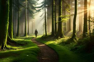 un hombre camina mediante un bosque con luz de sol brillante mediante el arboles generado por ai foto