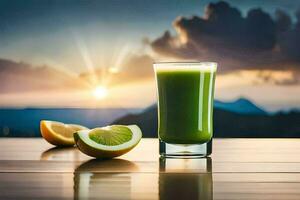 a glass of green juice with a slice of lemon on a table. AI-Generated photo