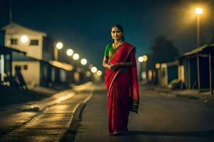 un mujer en un rojo sari camina abajo un calle a noche. generado por ai foto