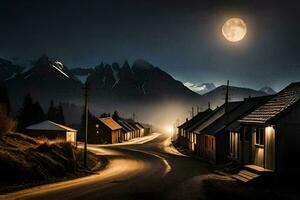 a moonlit road in the mountains with houses and a mountain in the background. AI-Generated photo