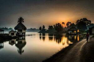 un hombre camina a lo largo el apuntalar de un lago a amanecer. generado por ai foto