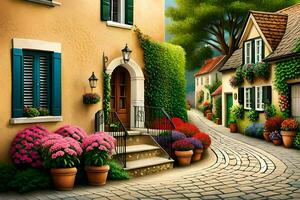 a painting of a street with flowers and plants. AI-Generated photo