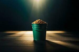 a bucket of beans on a table. AI-Generated photo