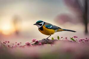 a bird is standing on a branch in a field. AI-Generated photo