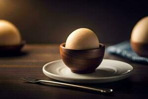 an egg in a cup on a table. AI-Generated photo
