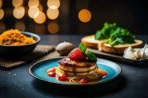 a plate with a pancake and strawberries on it. AI-Generated photo