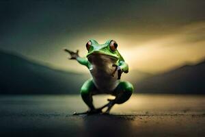 a frog is standing on its hind legs with its arms outstretched. AI-Generated photo