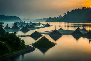 the sun rises over a lake with huts in the water. AI-Generated photo