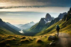 un hombre camina a lo largo un camino en el montañas. generado por ai foto