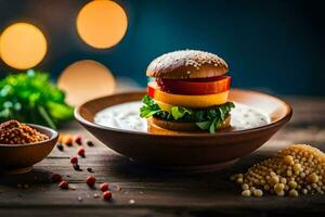 a burger with vegetables and spices on a wooden table. AI-Generated photo