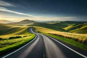 un largo la carretera carreras mediante el campo a puesta de sol. generado por ai foto