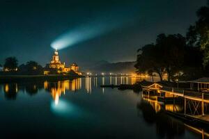 a church and a pier in the middle of a lake at night. AI-Generated photo