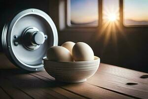 huevos en un cuenco en un mesa con un Dom brillante detrás él. generado por ai foto