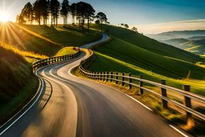a winding road in the countryside with the sun setting. AI-Generated photo