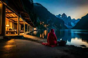 un mujer sentado en el borde de un lago a puesta de sol. generado por ai foto