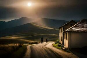 a man and woman walk down a road in the mountains. AI-Generated photo