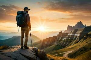 man with backpack standing on top of mountain at sunset. AI-Generated photo