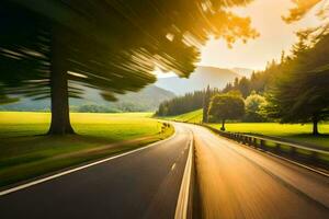 a road in the mountains with trees and grass. AI-Generated photo