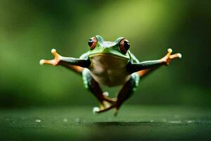 a frog jumping in the air with its legs spread. AI-Generated photo