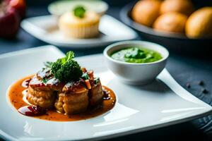 un plato con comida en eso y un cuenco de salsa. generado por ai foto