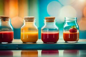 four different types of juices in glass bottles. AI-Generated photo