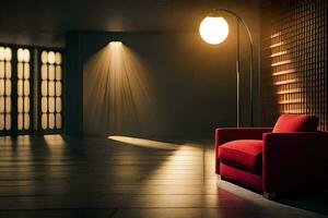 a red chair and lamp in a dark room. AI-Generated photo