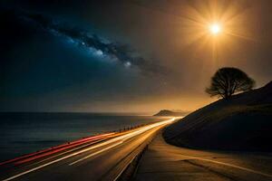 a long exposure photo of a road and the milky way. AI-Generated