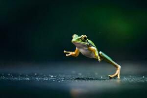 a frog jumping on the ground. AI-Generated photo